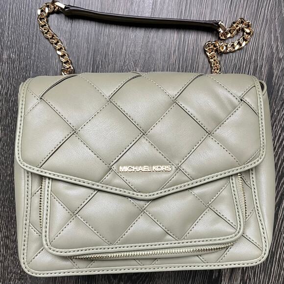 Michael Kors Purse Regina Woven Design Sage Gold Hardware Shoulder Strap Lux - Picture 1 of 11